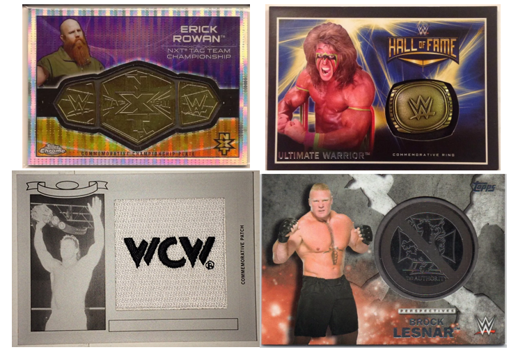 Recent manufactured “hits” in Topps WWE products have included, from top left - belt plates, Hall of Fame rings, medallions, and patches. 