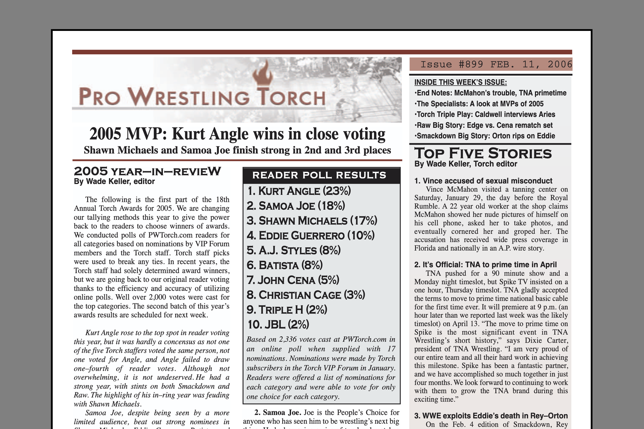 VIP 2005 BACK ISSUE – Pro Wrestling Torch #899 (February 11, 2006): McMahon accused of tanning salon infraction, Torch 200 Awards for MVP, Best Wrestler, Best Babyface, Best PPV, Best TV Series, plus news and more