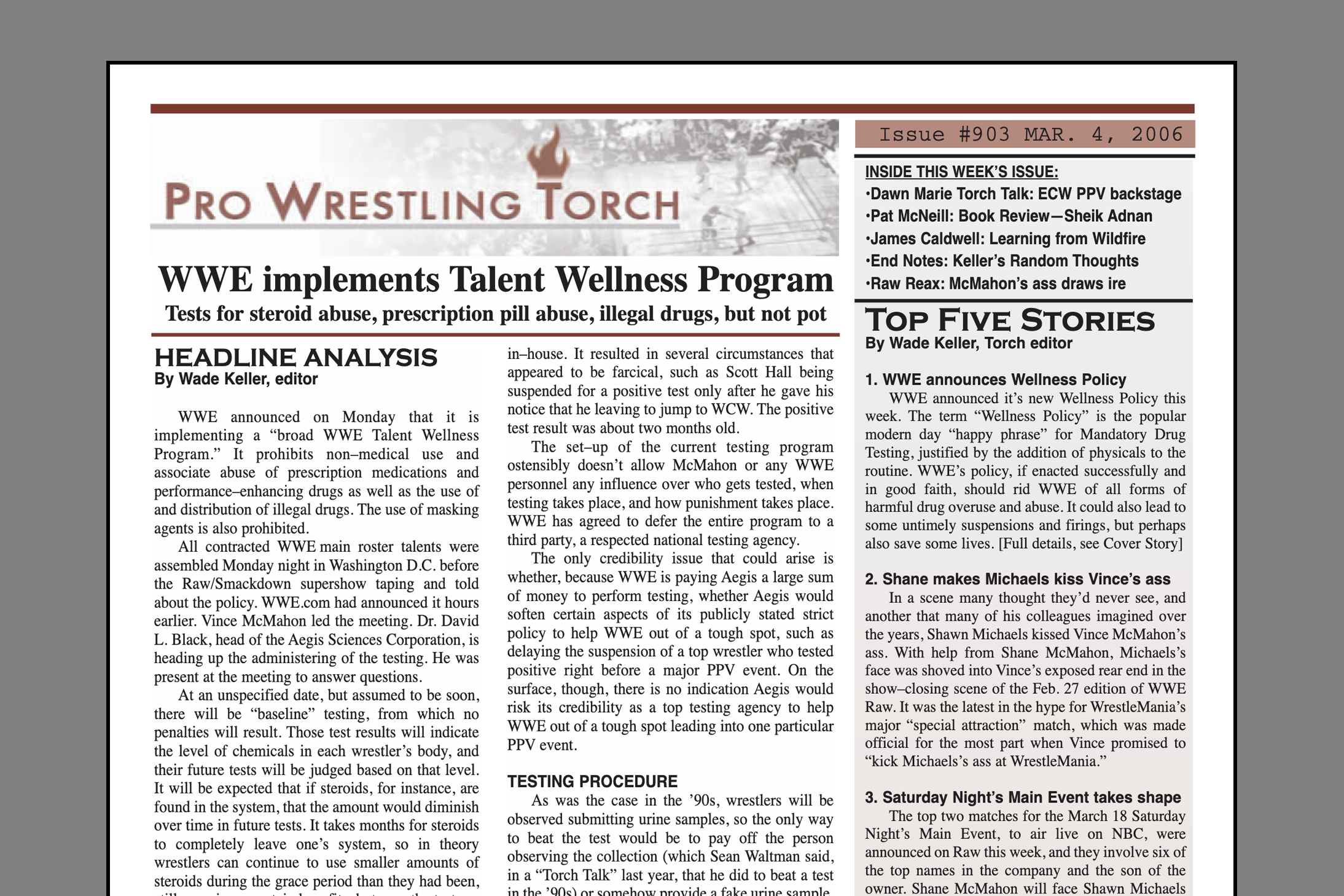 VIP 2005 BACK ISSUE – Pro Wrestling Torch #903 (March 4, 2006): WWE implements new Wellness Policy, early cracks in policy explored, Dawn Marie Torch Talk on ECW One Night Stand, McNeill reviews Sheik Adnan’s book