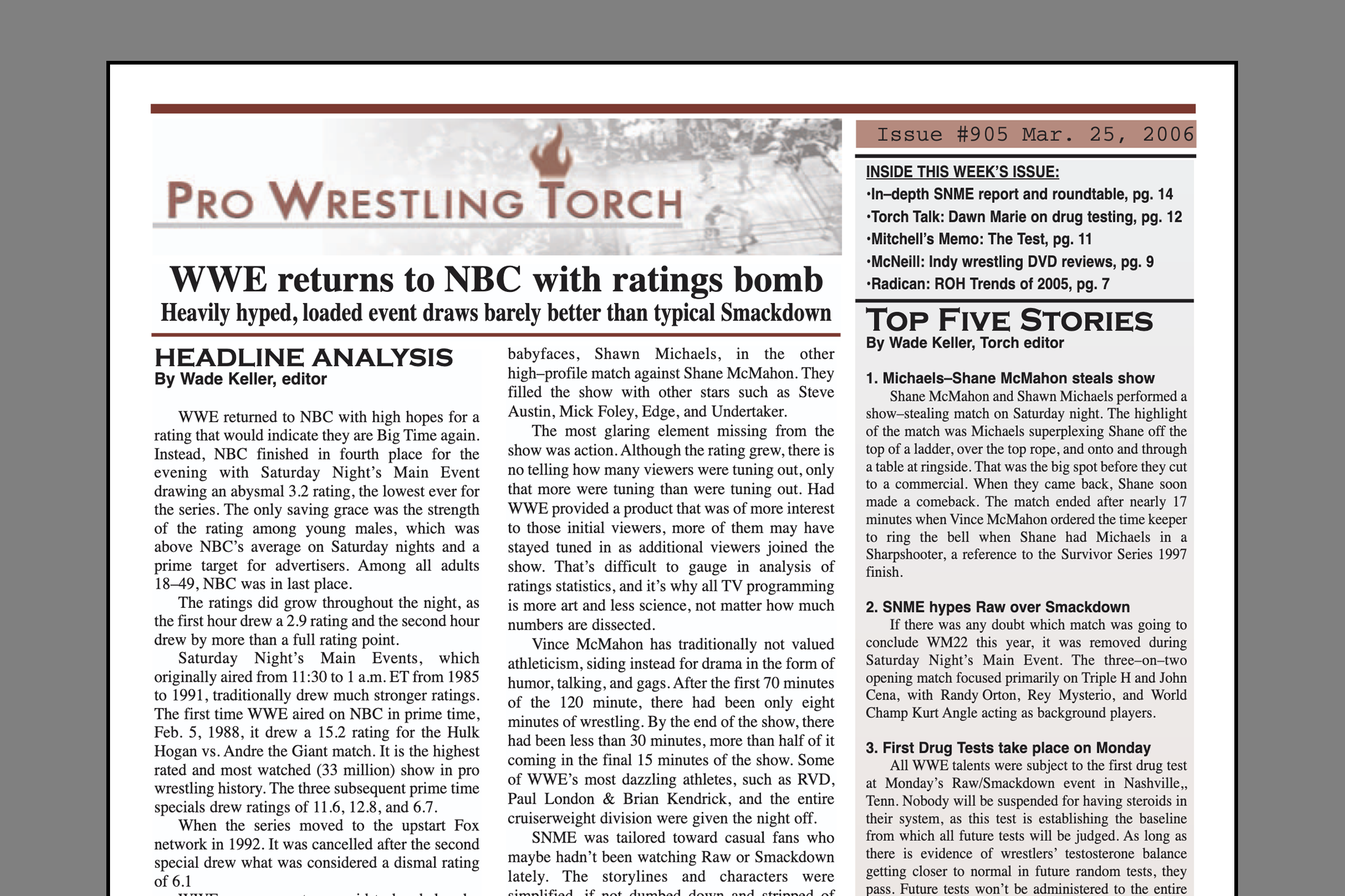 VIP 2005 BACK ISSUE – Pro Wrestling Torch #905 (March 25, 2006): Saturday Night’s Main Event ratings bomb, Spike-TNA relationship, WWE’s drug testing, Trends of 2005 in ROH