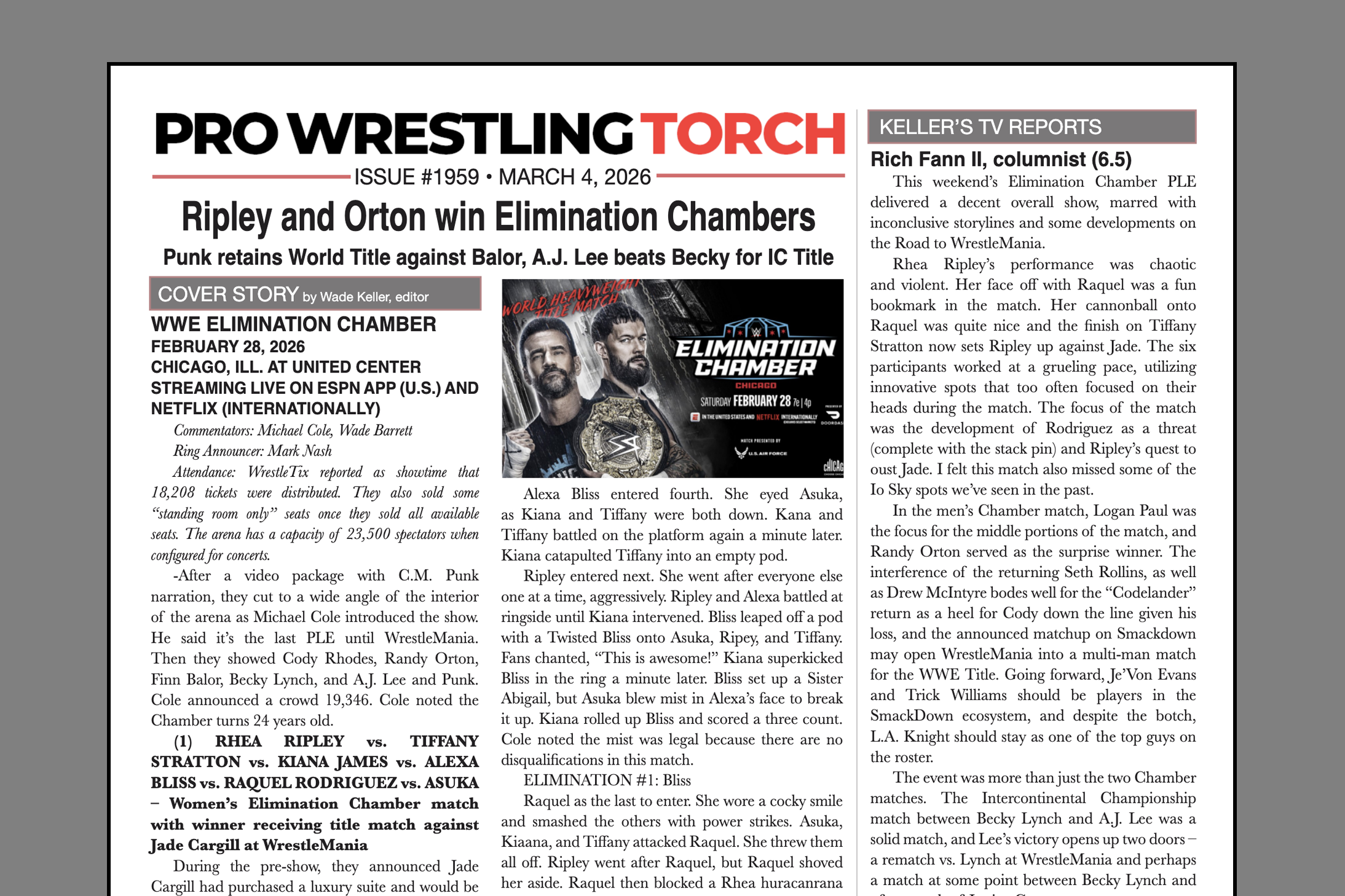 VIP NEWSLETTER – PRO WRESTLING TORCH #1959 (Mar. 4, 2026): Keller’s WWE Elimination Chamber report and Roundtable Reviews, Parks looks back at WWE roster cuts