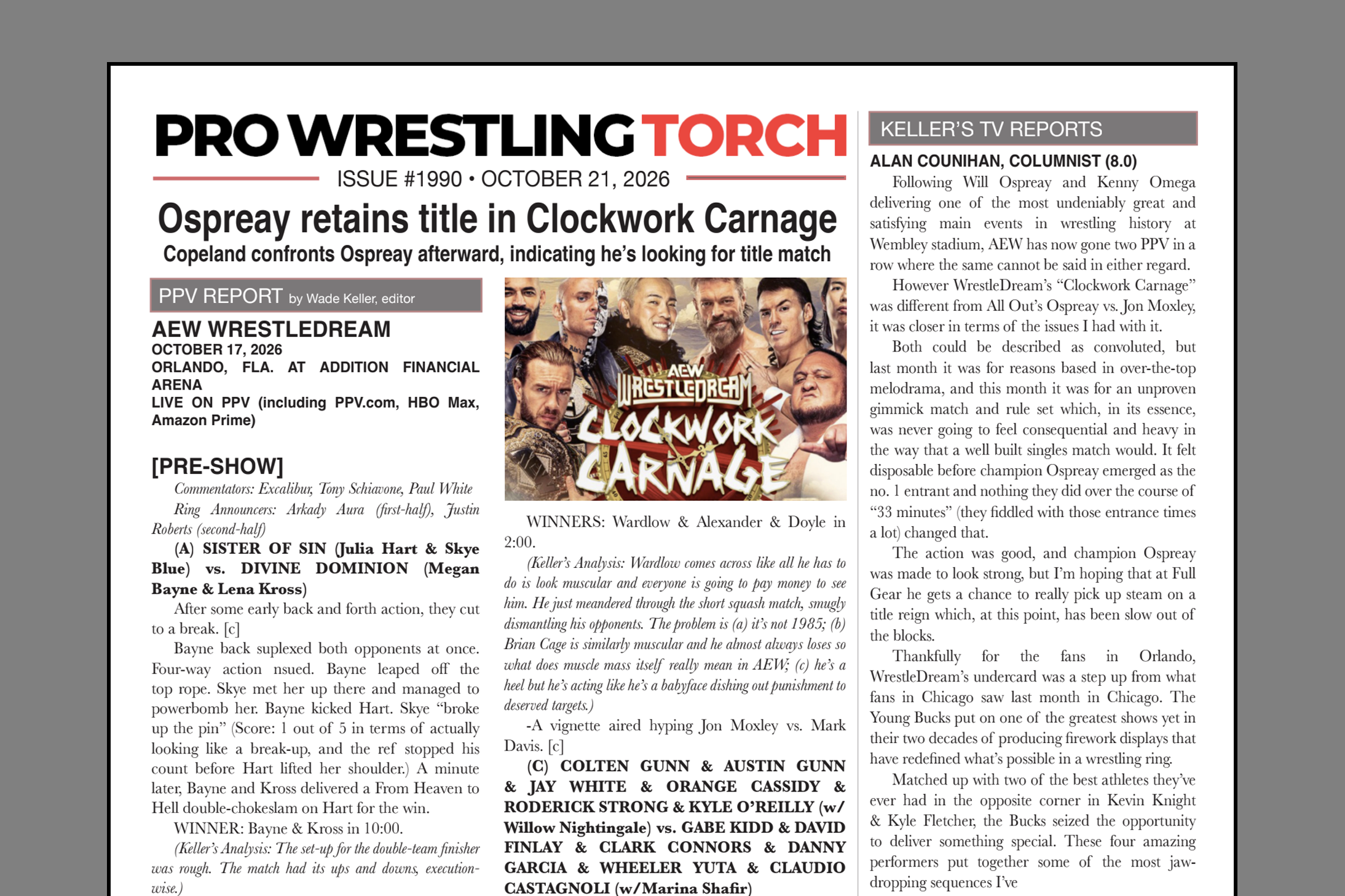 Backstage Update: VIP NEWSLETTER – PRO WRESTLING TORCH #1990 (Oct. 21, 2026): Keller’s report on AEW WrestleDream and Roundtable Reviews, Parks reviews Steve Keirn book, TV reports